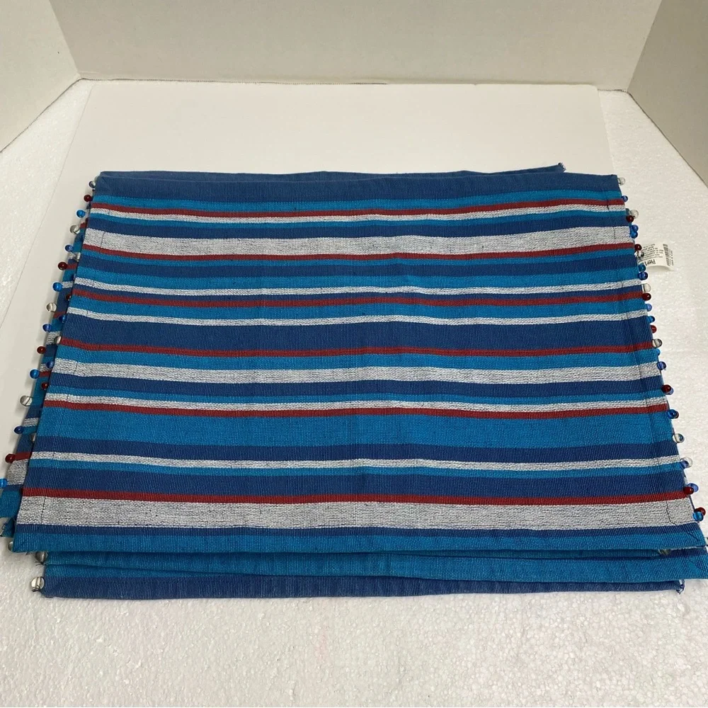 Pier 1 Imports Striped Tapestry Placemats set of 6 Beaded blues red gray Casual